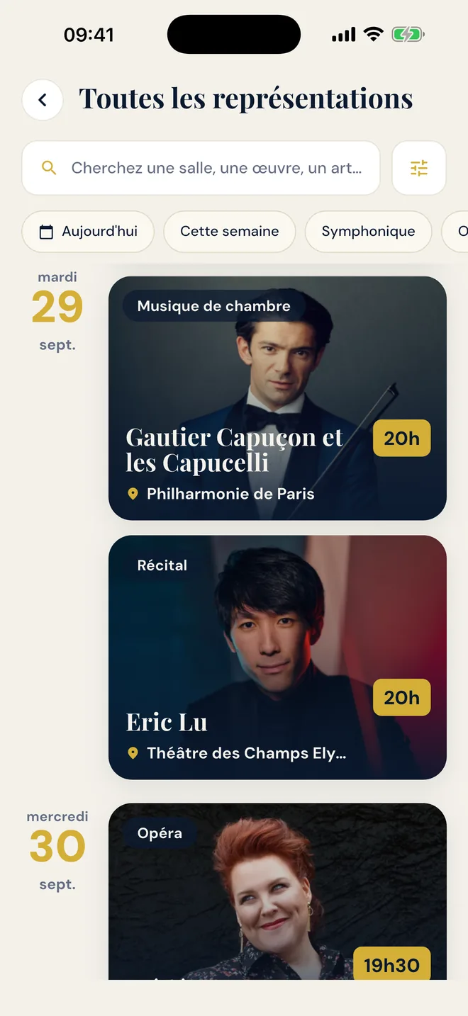 La liste des représentations, groupée par jour
