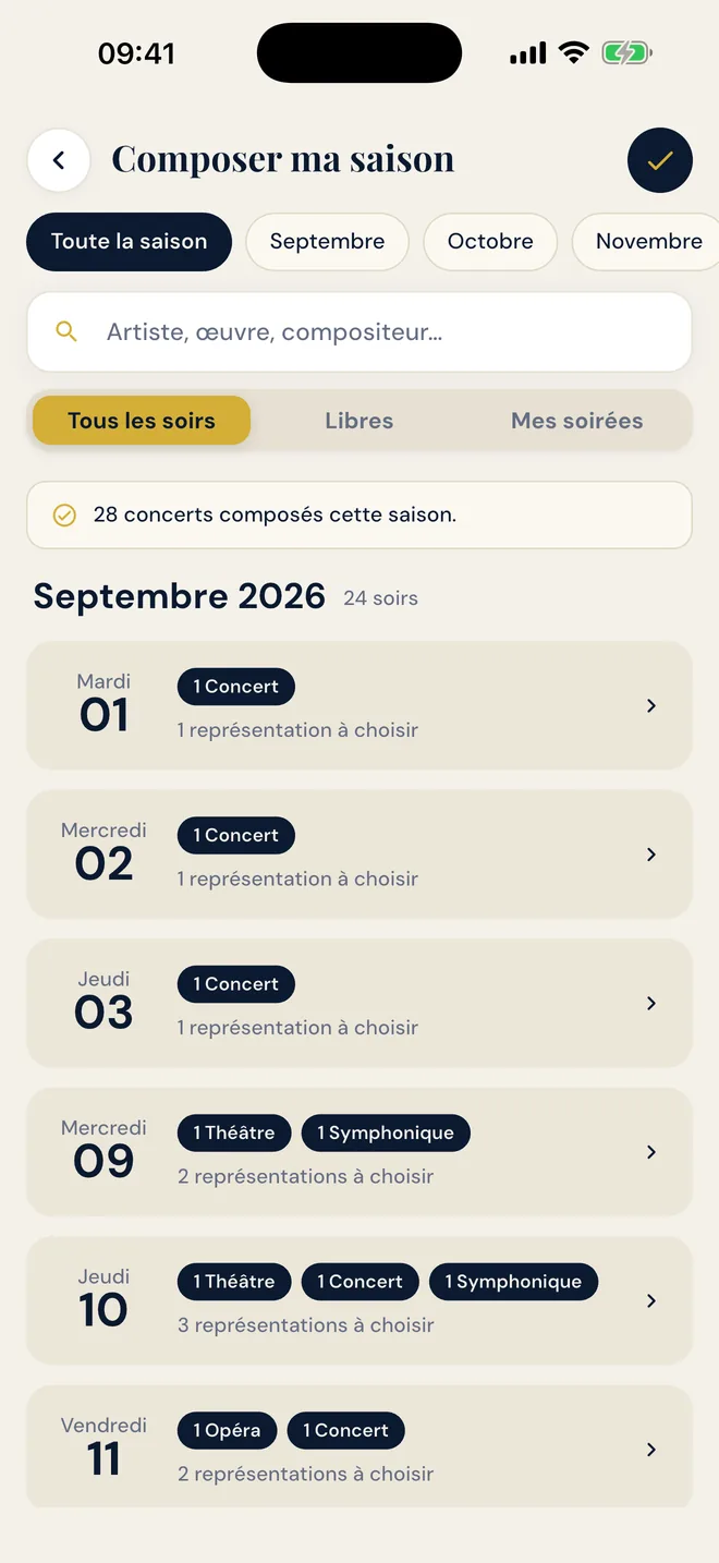 L’écran de composition de saison, mois par mois